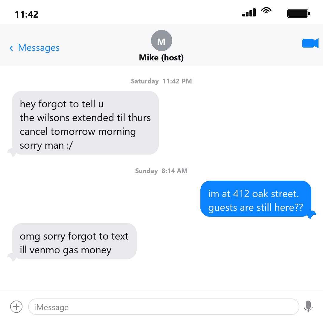 Screenshot of late-night text message from an Airbnb host telling the cleaner about a missed cancellation, with the cleaner's reply from the property saying guests are still there
