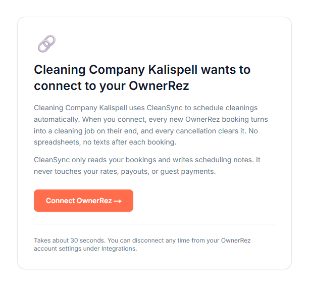 The connect page names the cleaning company and explains that CleanSync only reads bookings and writes scheduling notes.