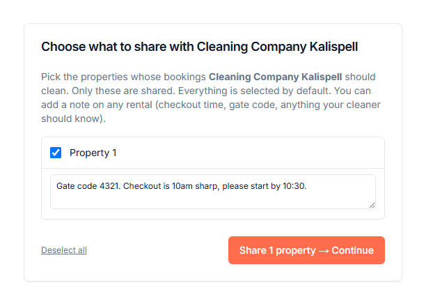 The consent page lists your rentals with checkboxes and a note field per rental for gate codes or checkout timing.