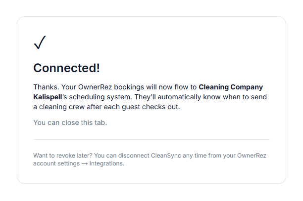 The confirmation page: your OwnerRez bookings now flow to the cleaning company's scheduling system.