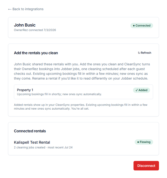 The cleaning company's CleanSync screen: the connection status, the shared rentals they add, and each connected rental syncing bookings into Jobber jobs.