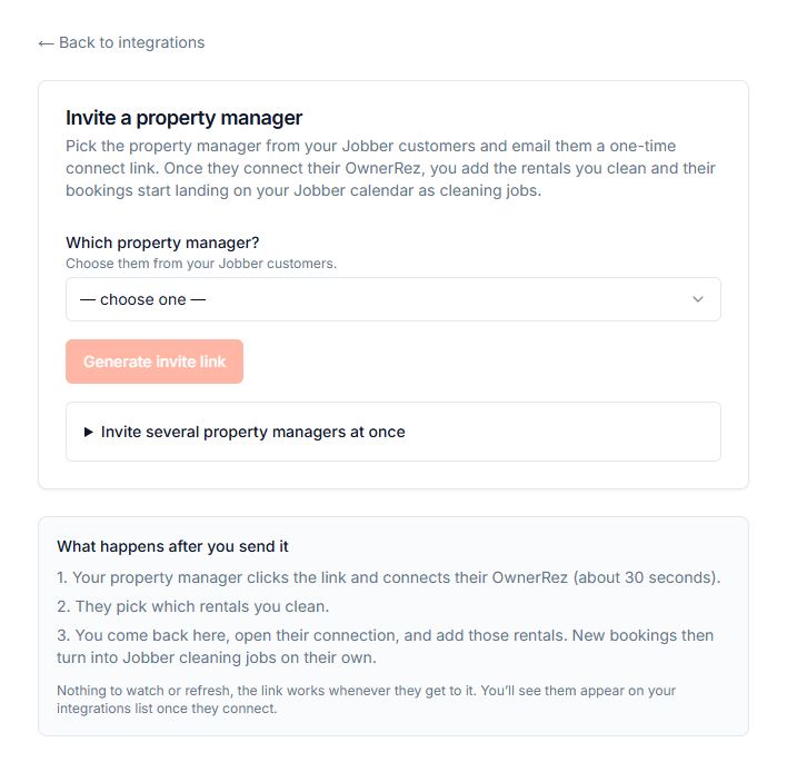 On the cleaning company's side, they pick you from their Jobber customers and generate a one-time connect link.