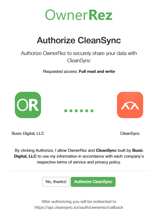 OwnerRez's standard authorize screen: it names CleanSync and Busic Digital LLC and shows the requested access before you approve.